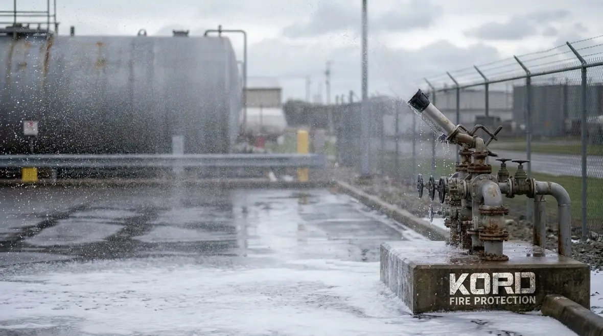 Foam water system discharge duration equipment at an industrial fire protection site