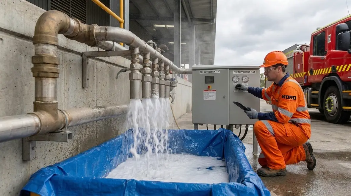Foam discharge testing at industrial facility under NFPA 16