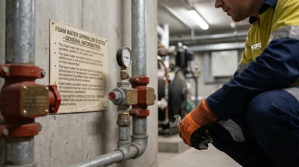 Fire suppression system identification sign supporting maintenance and emergency response
