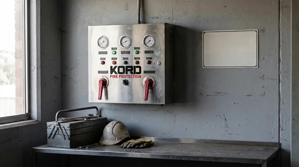Foam water sprinkler system general information sign near control equipment