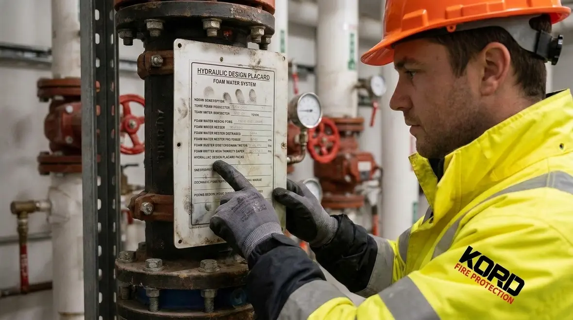 Foam water system identification sign showing hydraulic design details