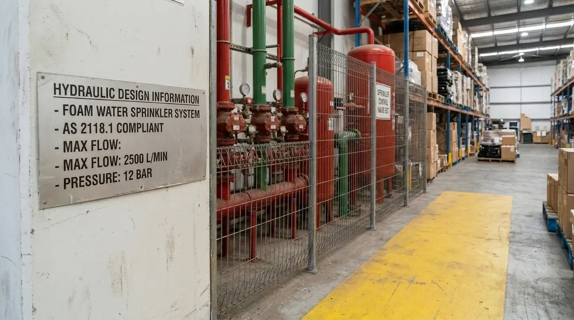 Fire suppression design placard for foam water hydraulic information
