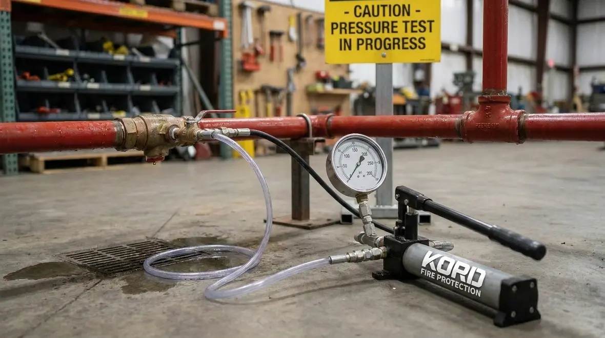 Industrial foam water system pipework being checked during hydrostatic testing