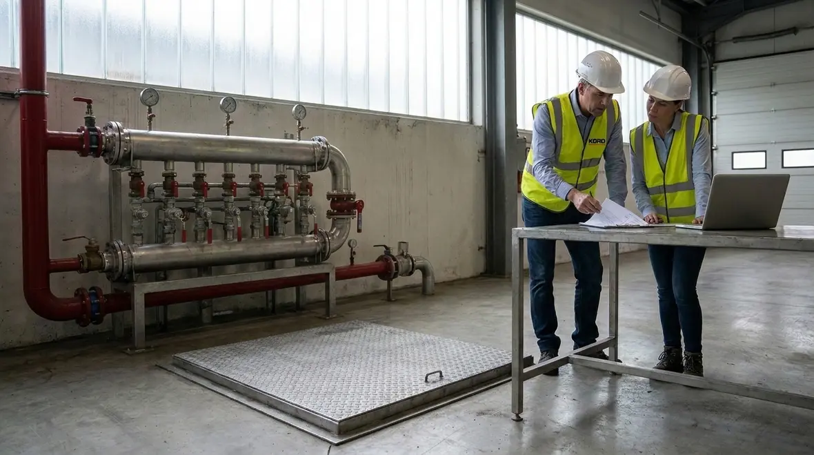 Foam water sprinkler maintenance technician performing system service