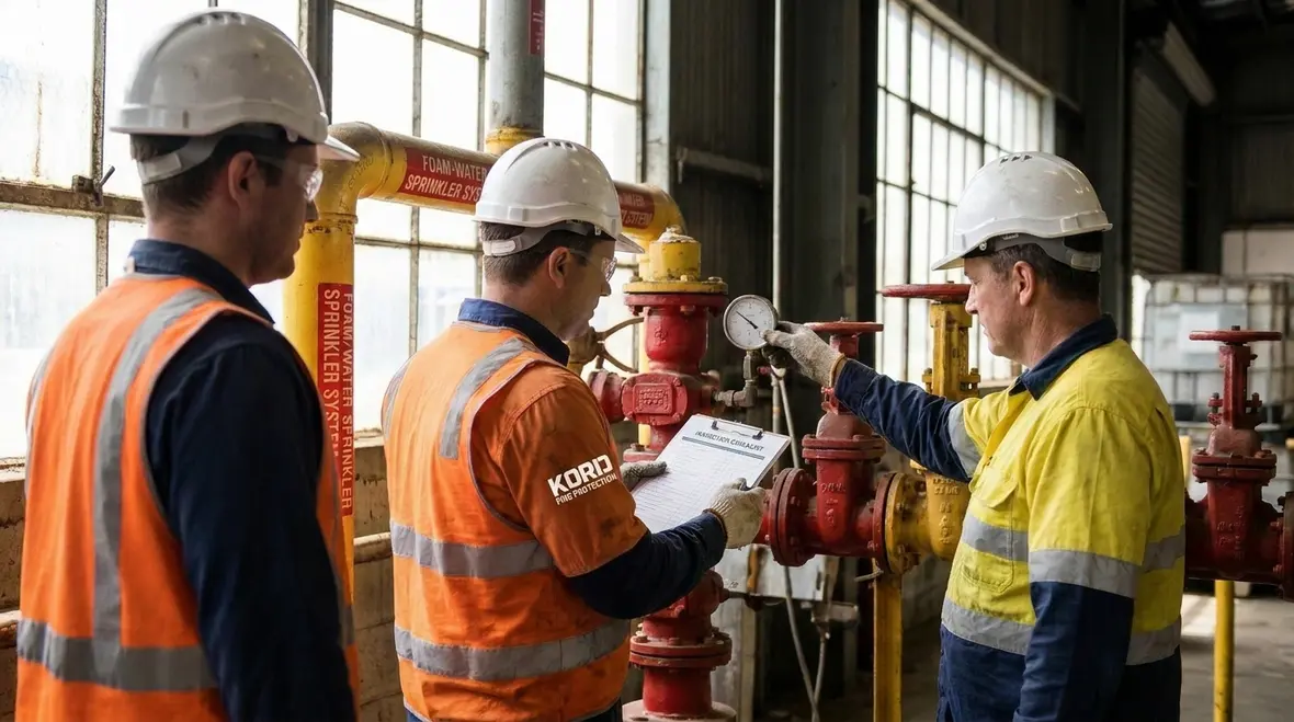 Foam water sprinkler inspection and testing equipment in an industrial facility