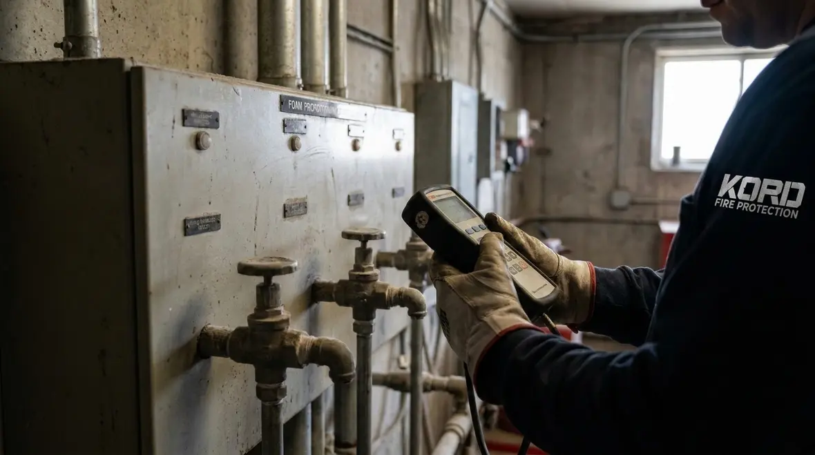 Technician checking foam concentrate and sprinkler system components