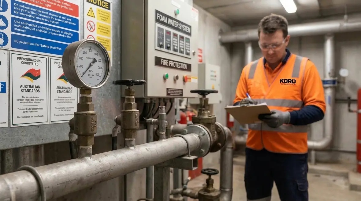 Foam water system inspection schedule technician reviewing system hardware