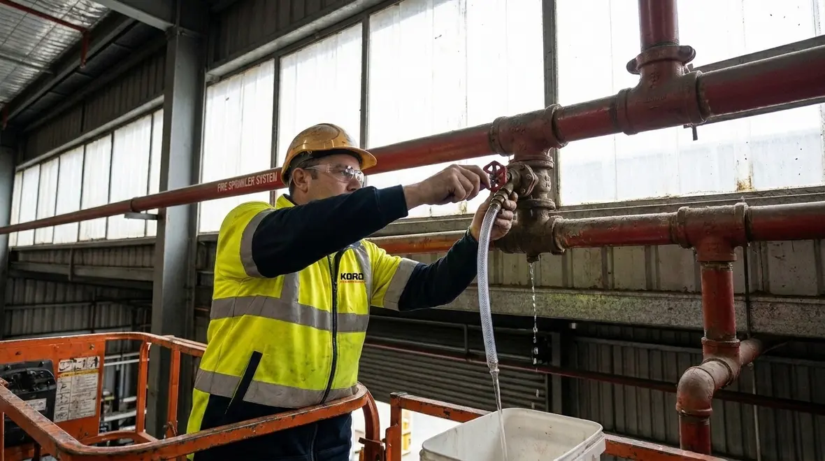 Technician performing NFPA 16 pipe flushing on foam water system supply piping