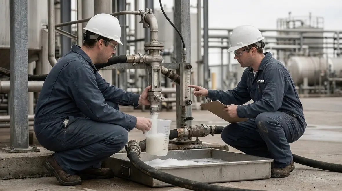 Technician reviewing foam concentrate ratio and discharge performance
