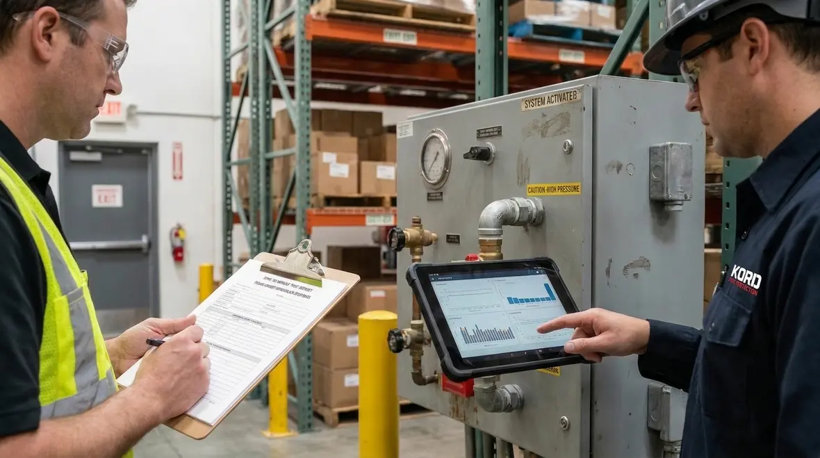 Foam water system proportioning test being performed at a commercial facility