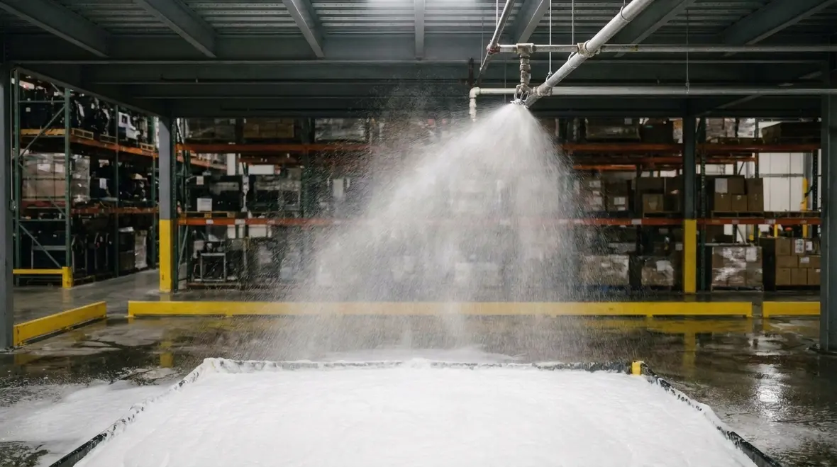 Foam blanket discharge from fire suppression system over hazardous liquid area