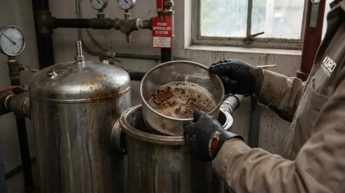 Inspection of foam water system strainer in fire suppression piping