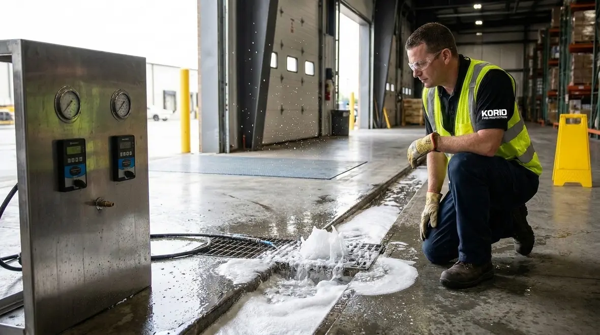 Foam water system test drain discharging during controlled fire suppression system testing