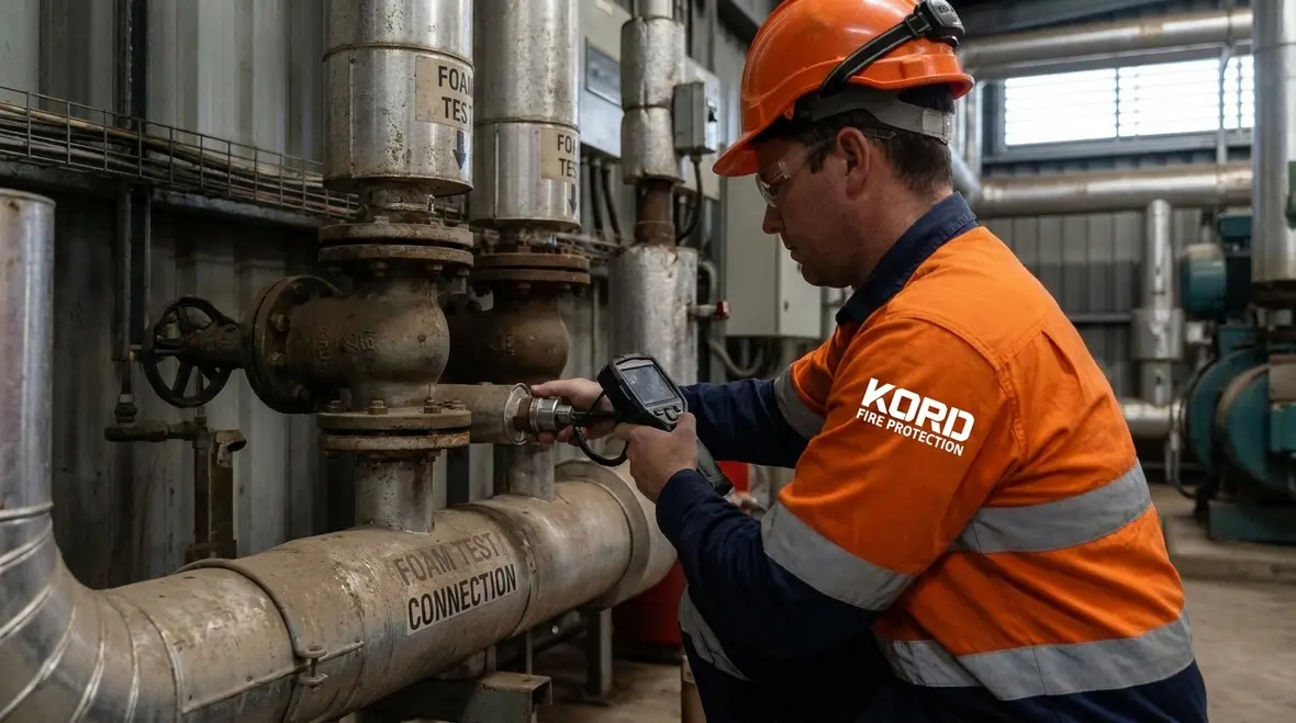 Technician reviewing NFPA 16 test connections on a foam water fire suppression system