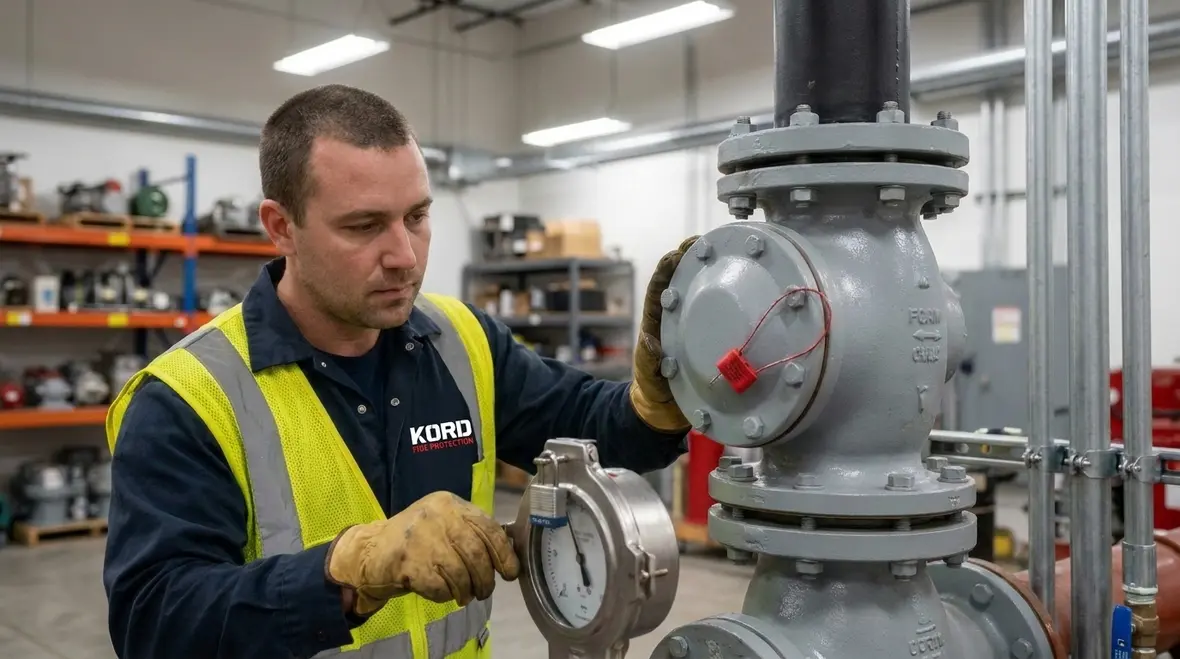 Technician reviewing monitored valve status on foam water fire protection system
