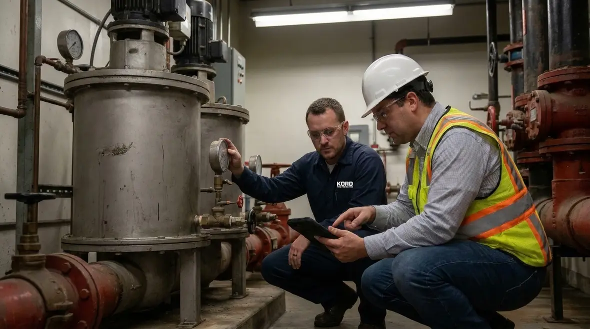 Technicians coordinating foam water sprinkler installation from approved plans