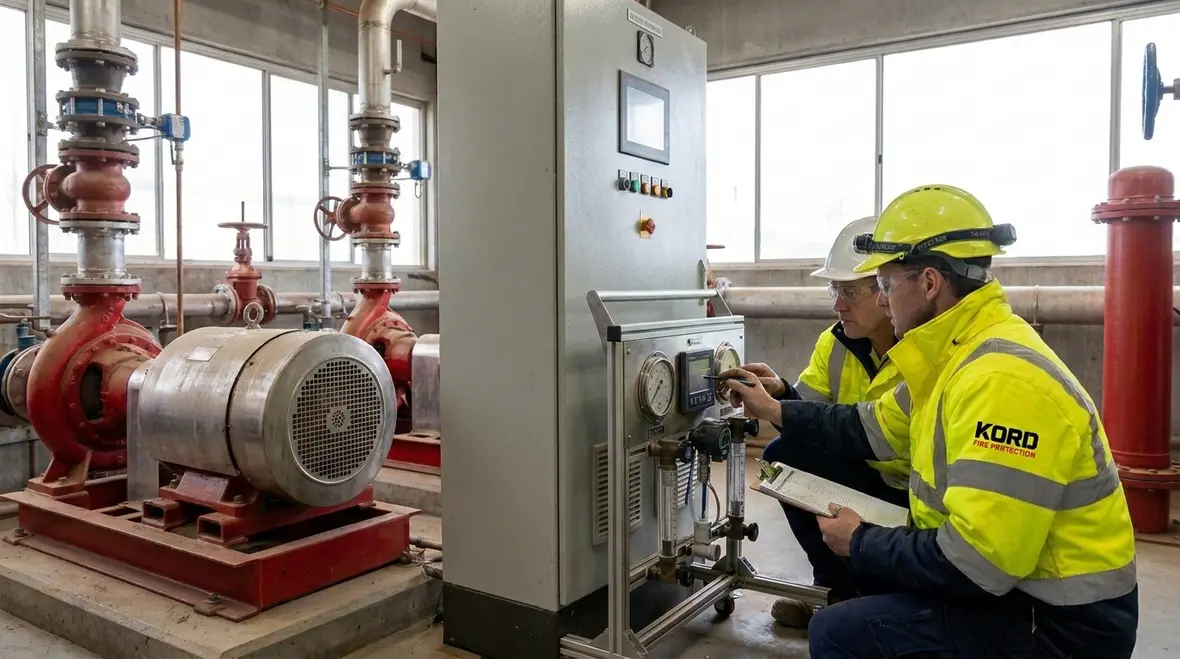 Technician preparing NFPA 20 fire pump acceptance testing equipment