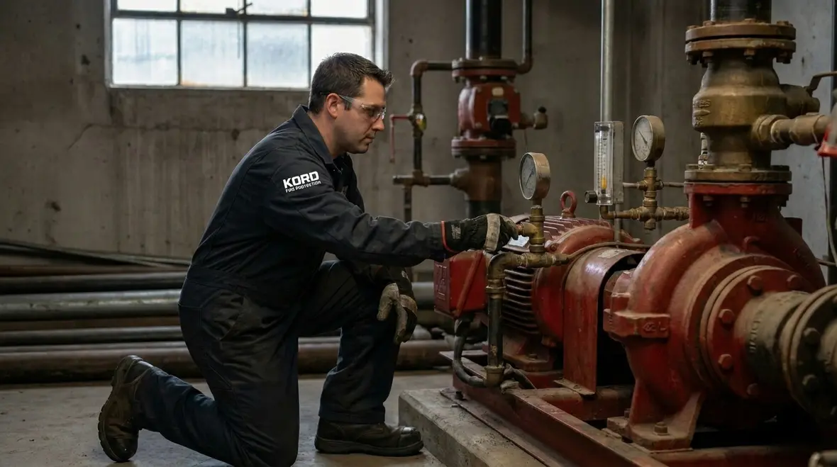 Technician reviewing fire pump controller and pressure settings