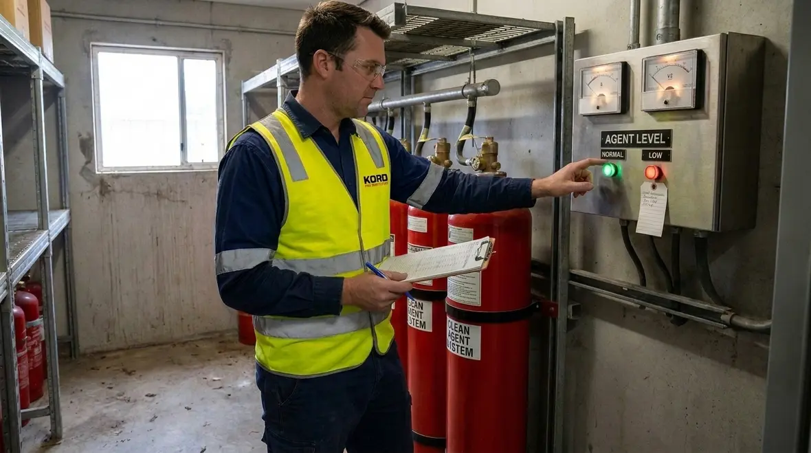 Clean agent cylinders and quantity indicators in a protected equipment room