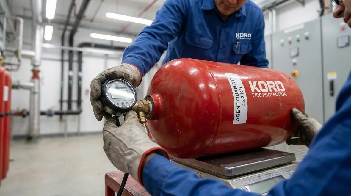 Technician verifying clean agent cylinder pressure and indicator status