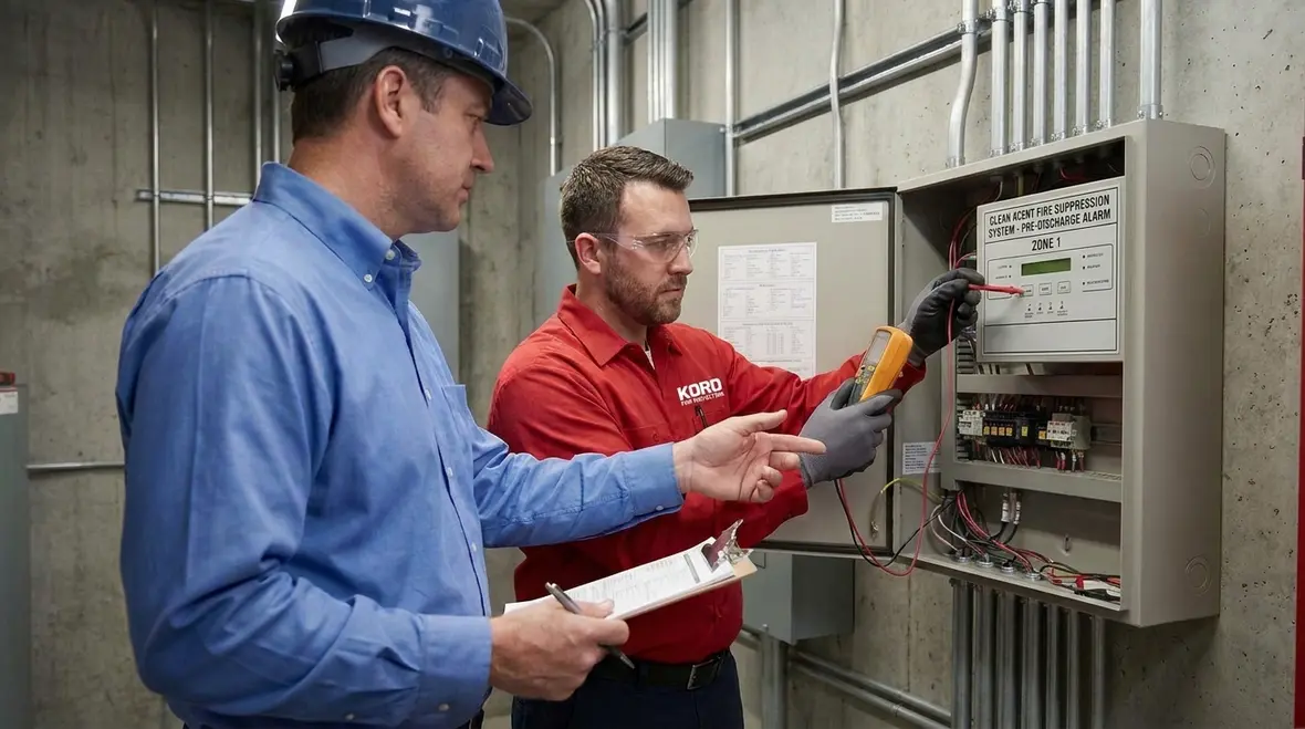Facility manager testing clean agent pre discharge alarm sequence and compliance records