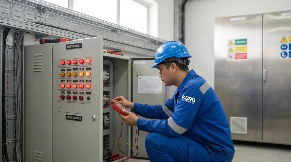 Technician testing clean agent fire suppression alarm and indicator system