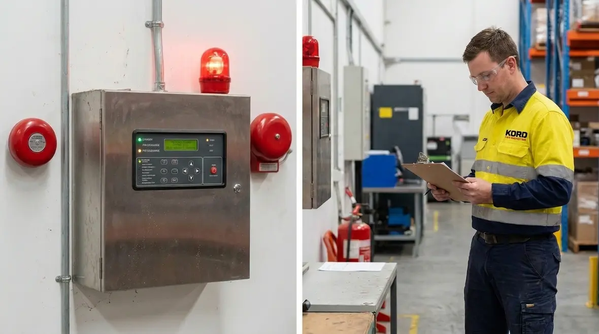 Clean agent fire suppression alarm and indicator panel in a protected room