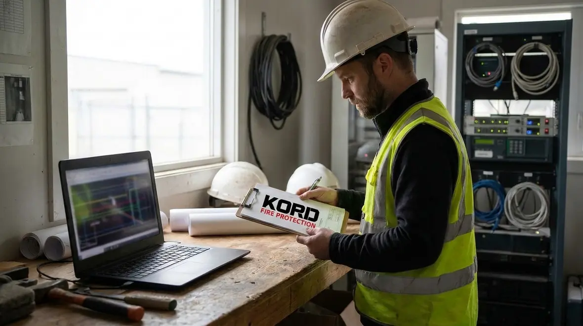 Engineer reviewing CFD layout for clean agent system design