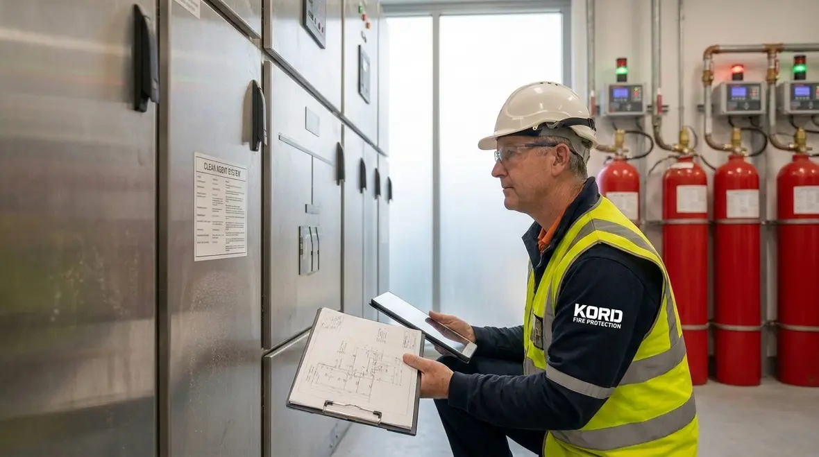 Engineer reviewing clean agent design concentration calculations for a protected room