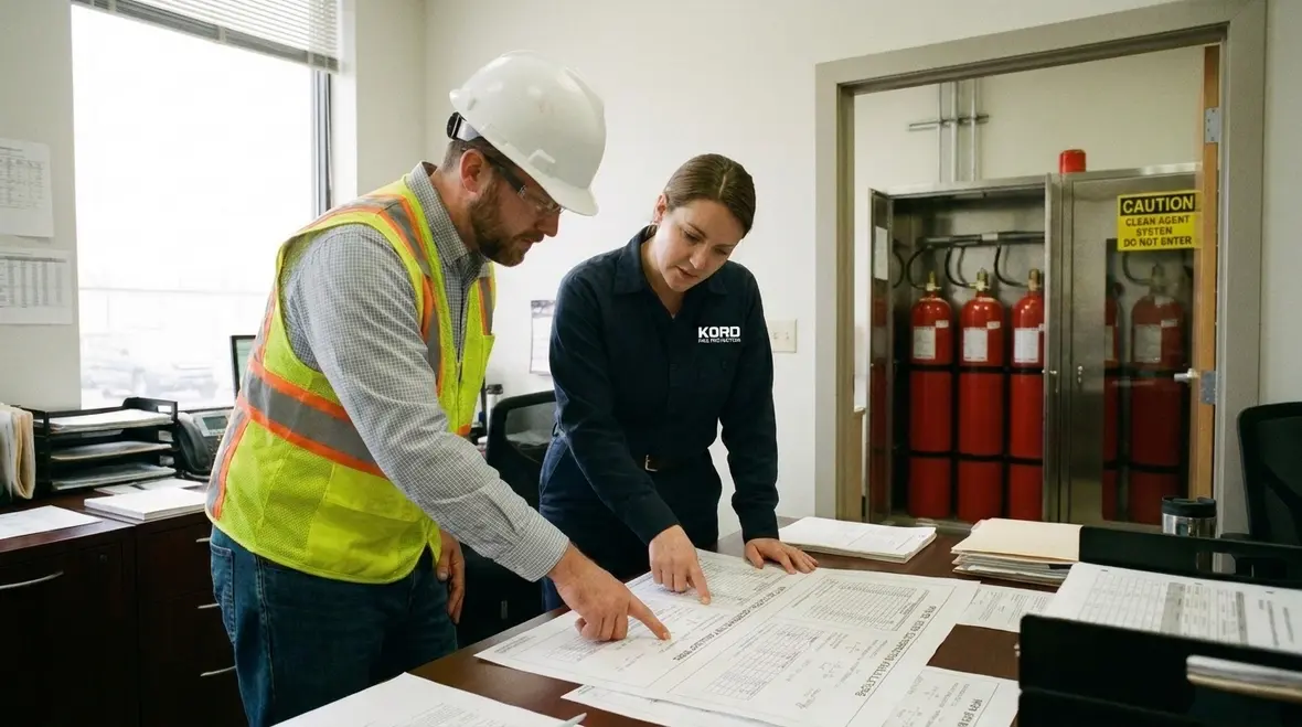 Technician assessing room integrity and enclosure conditions for clean agent concentration hold time