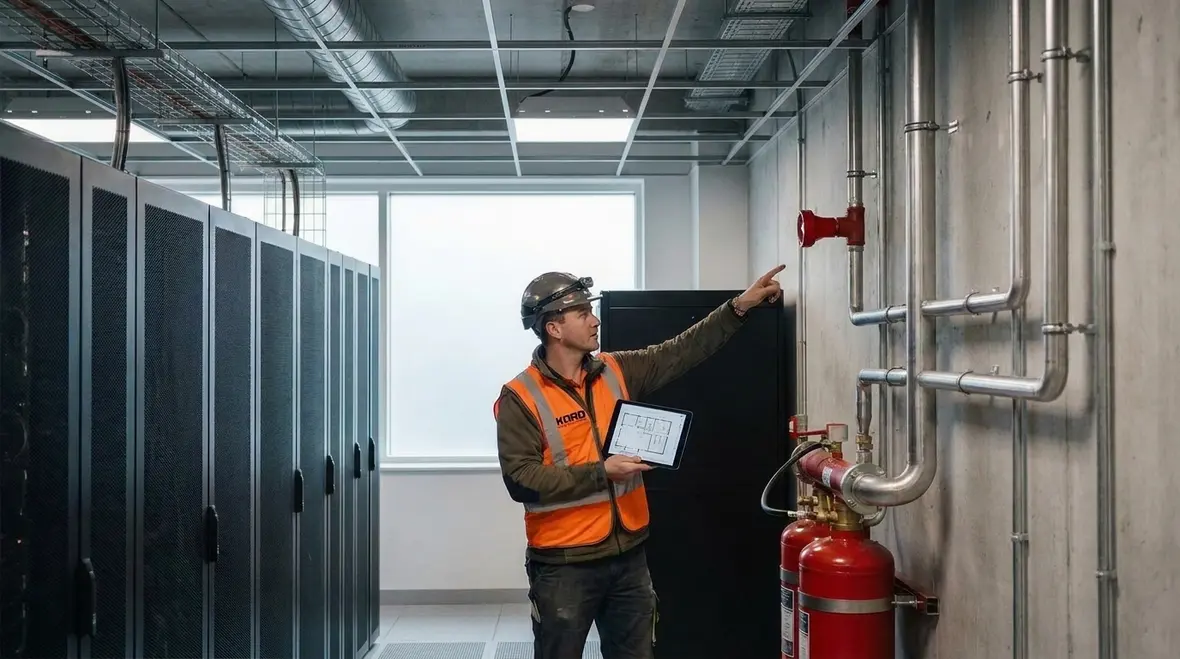 Technician reviewing clean agent room dimensions and enclosure details