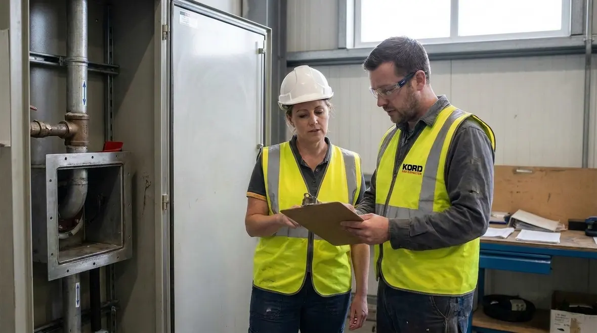 Technician reviewing clean agent system layout and nozzle placement for fast discharge performance