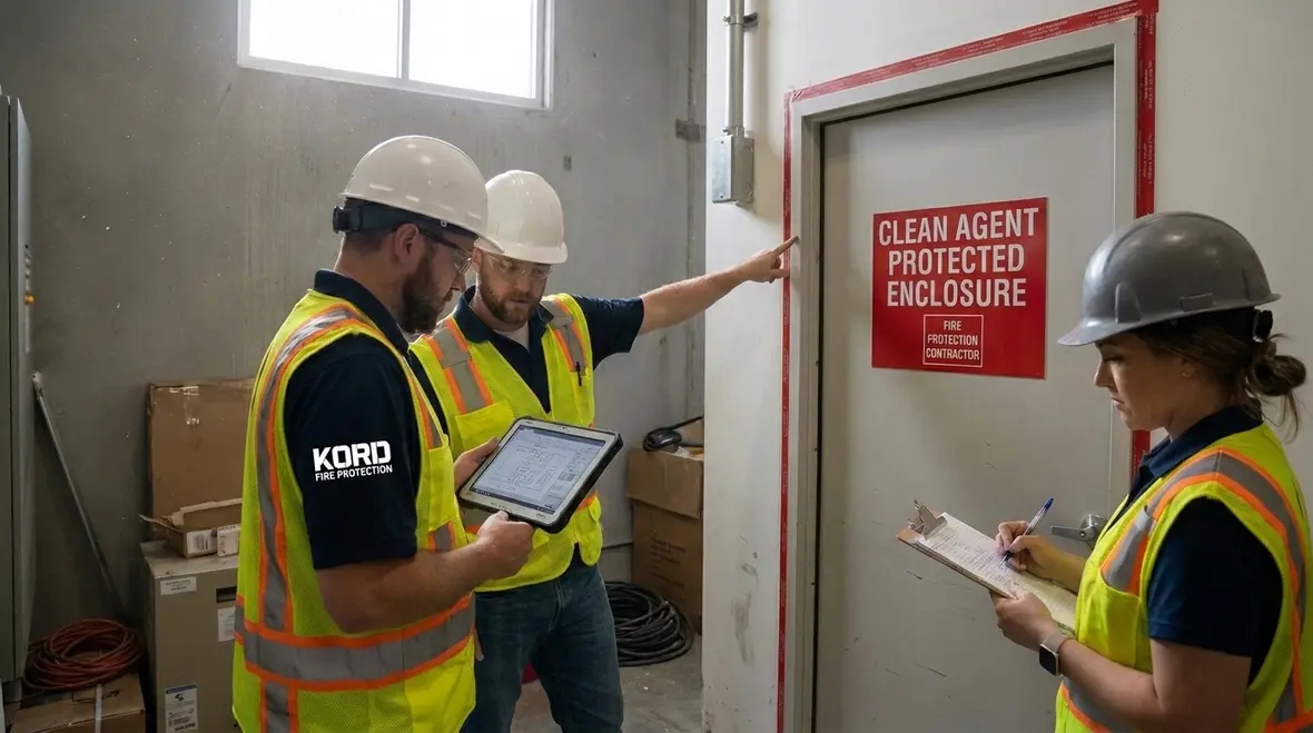 Enclosure integrity testing process for a clean agent fire suppression room