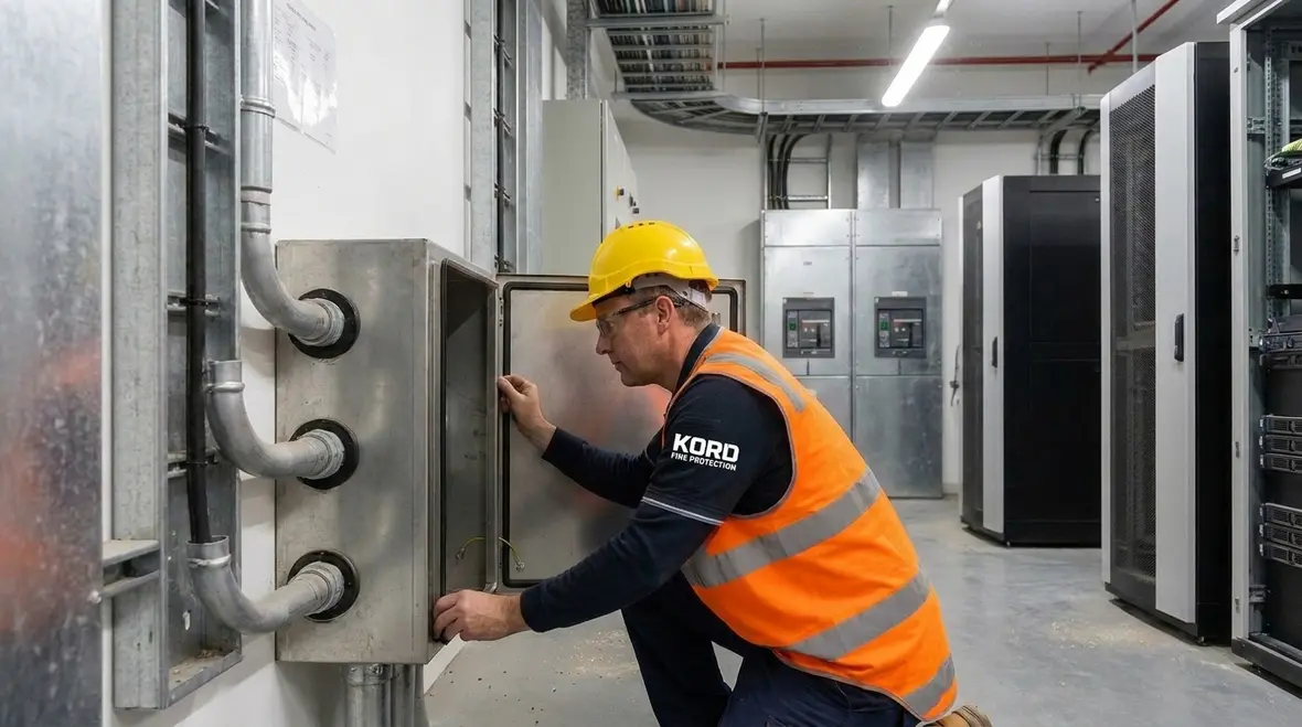 Technician reviewing room integrity requirements for a clean agent protected enclosure