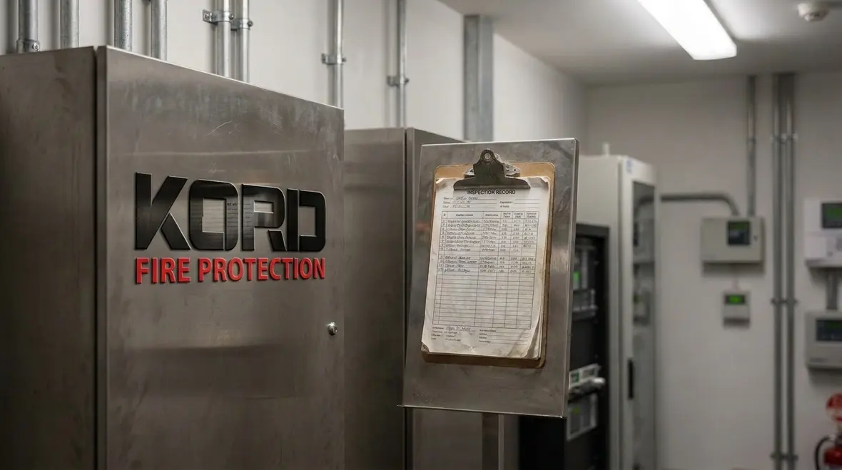 Inspection technician checking clean agent fire suppression cylinders