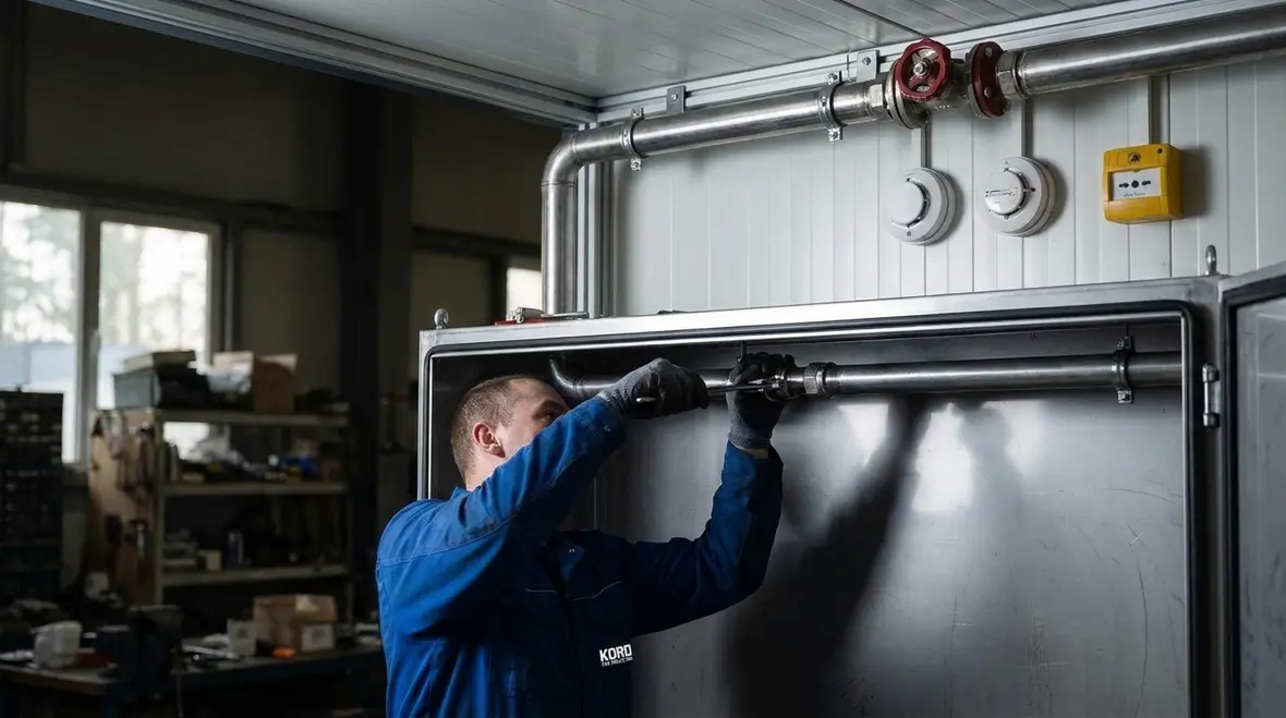 Technician reviewing clean agent fire suppression installation layout