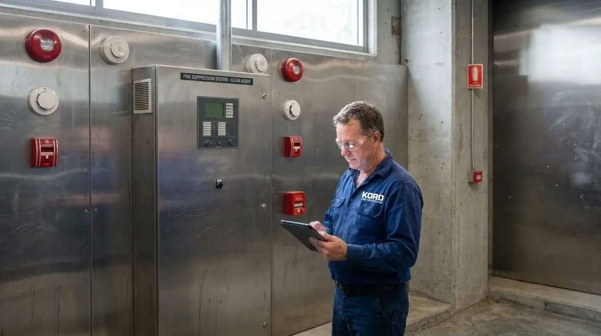Clean agent fire suppression interlock control panel and protected equipment room