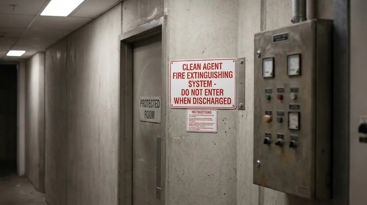 Clean agent system marking sign at protected room entrance