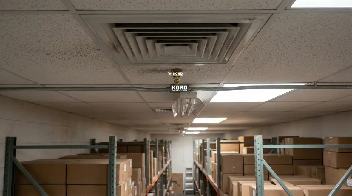 Clean agent system nozzles installed in a commercial facility ceiling
