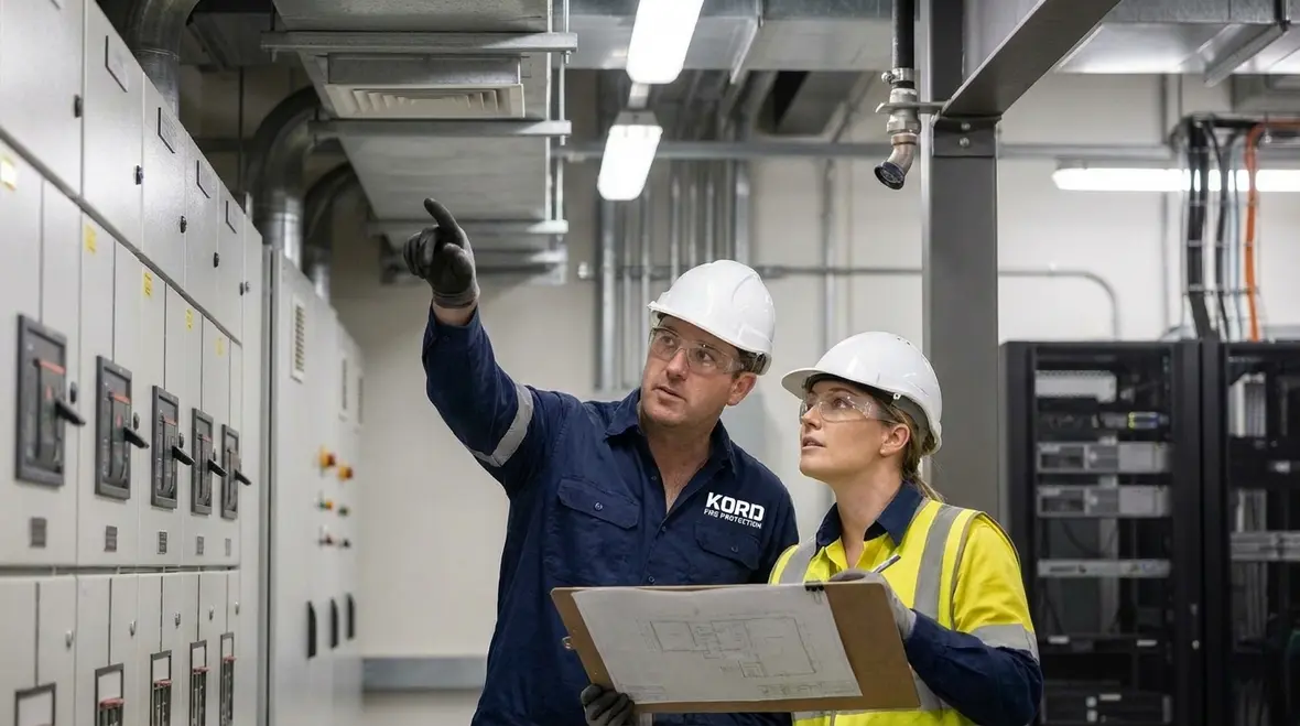 Installer reviewing clean agent nozzle placement near ceiling obstructions