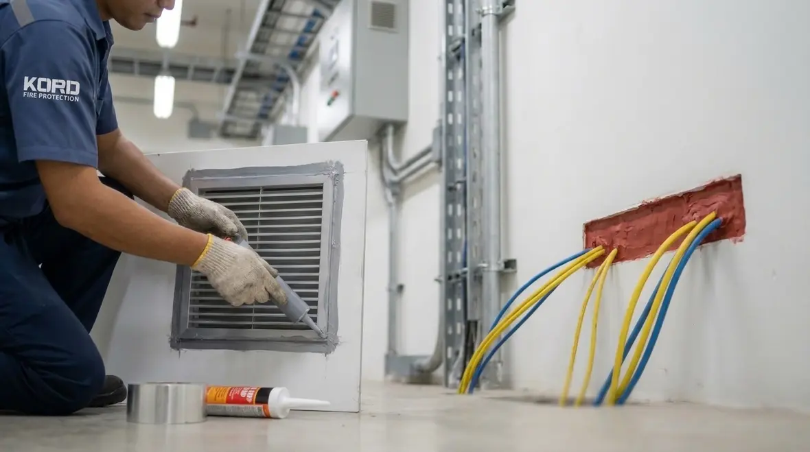 Technician assessing door seals and vent leakage for clean agent room integrity