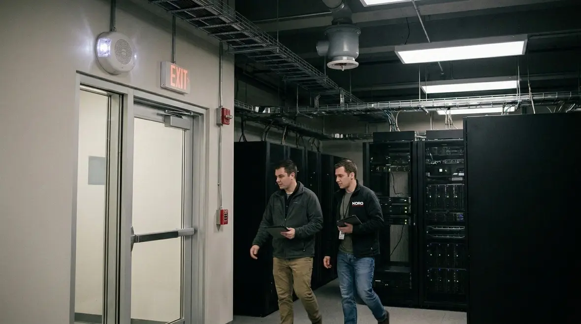 Clean agent fire system evacuation delay and shutdown sequence