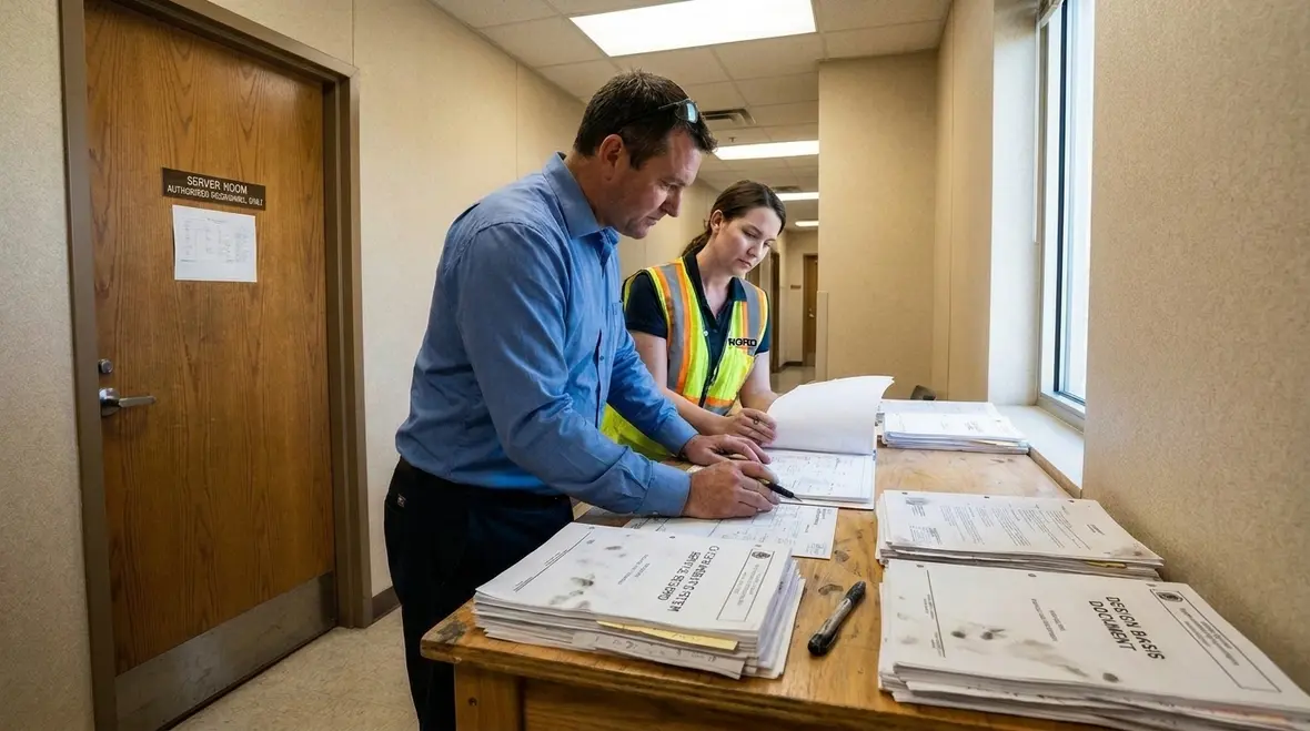 Facility manager assessing clean agent system upgrade needs with technician