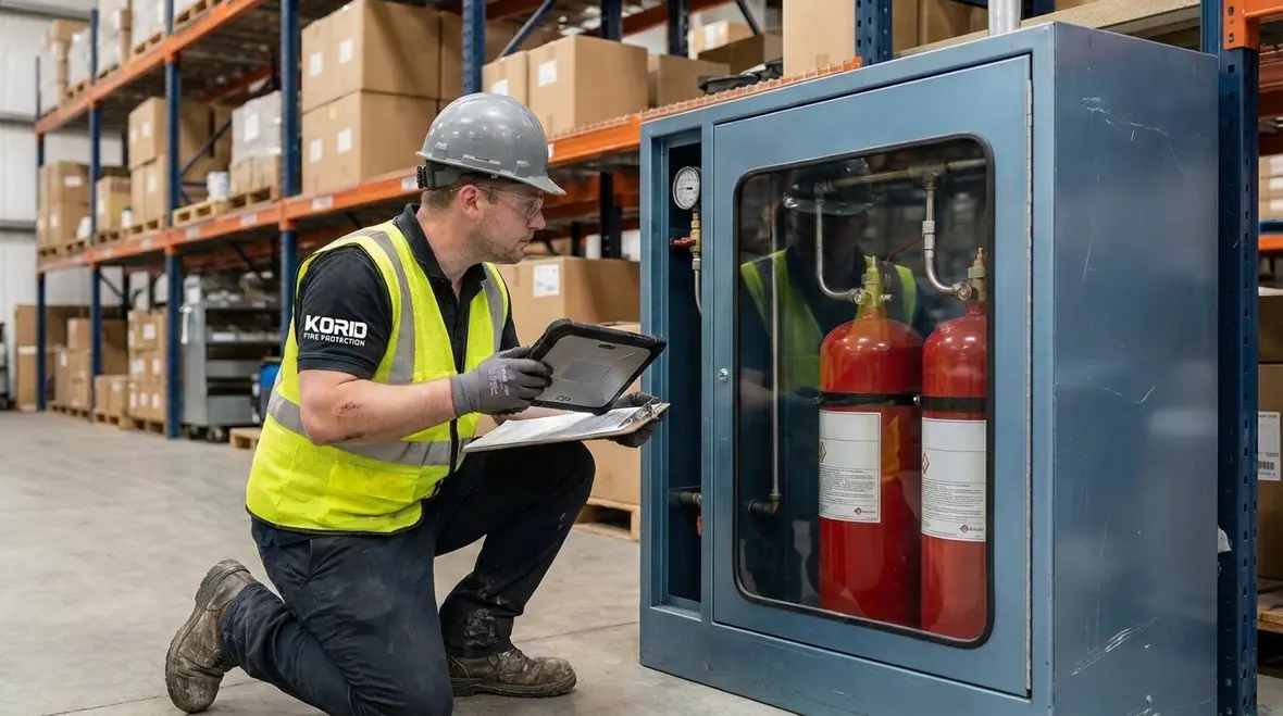 Existing clean agent room with cylinders and discharge piping under review