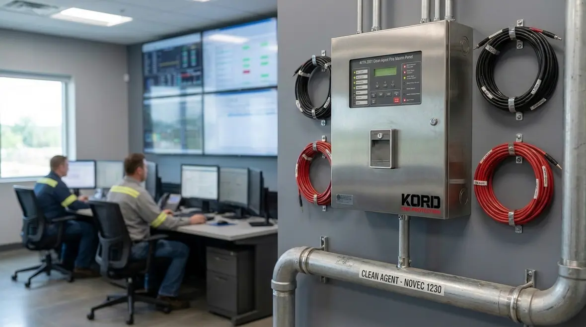 Technician reviewing existing clean agent suppression system compliance