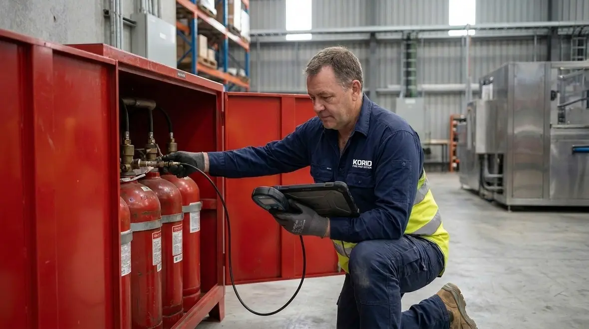 Technician servicing clean agent fire suppression system cylinders