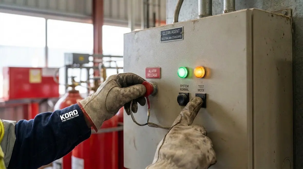 Technician reviewing NFPA 2001 clean agent system testing procedures