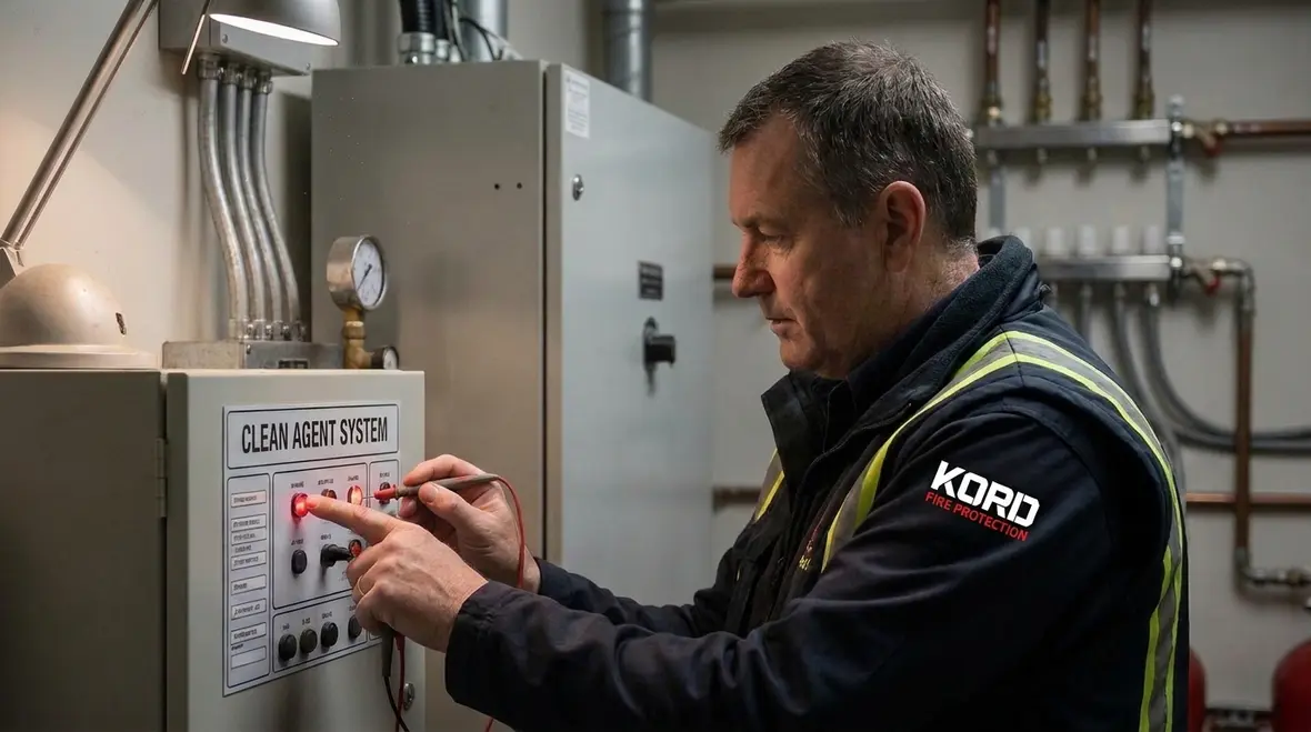 Technician reviewing NFPA 2001 training requirements for clean agent fire suppression systems