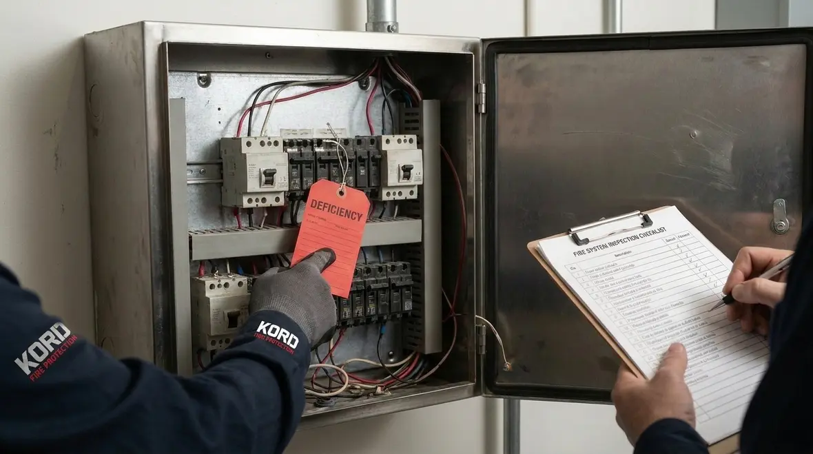 Color coded fire protection deficiency tags during inspection workflow