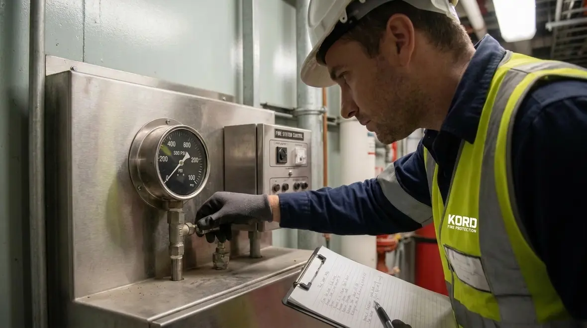 Technician checking fire protection control components under NFPA 25 Section 13.13
